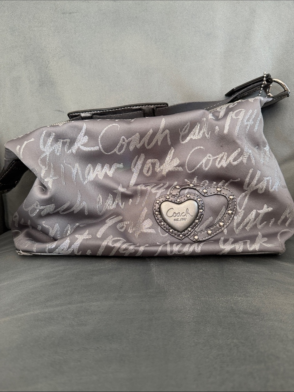 Coach Silver-Gray Script Heart Logo Purse